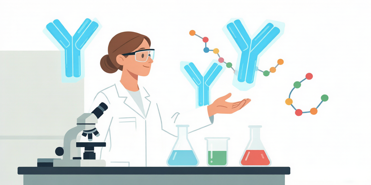 Editorial cartoon: female scientist analyzing antibody and amino acid structures
